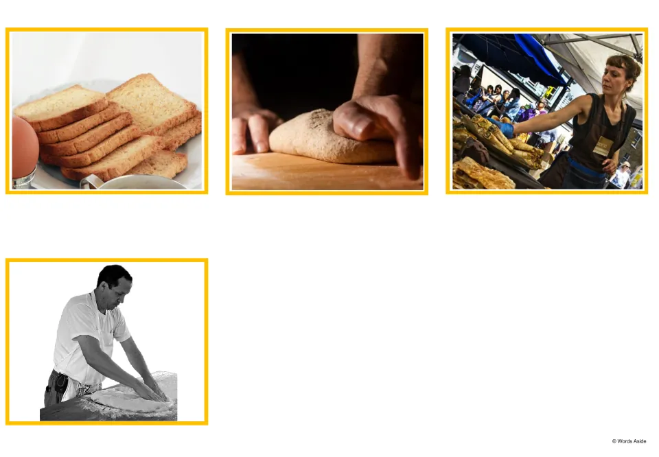 Bakery photo cards: rusk slices with an egg, hands kneading dough, a market stall worker and a baker shaping dough