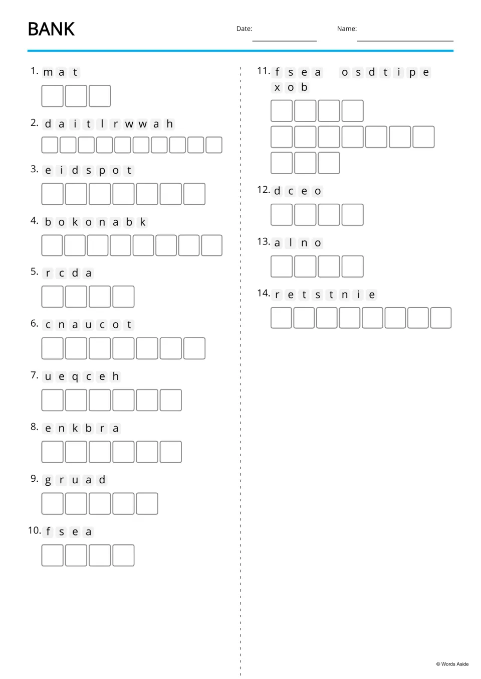 Bank vocabulary anagrams: students unscramble 14 words, from atm and withdrawal to loan and interest, to spell them
