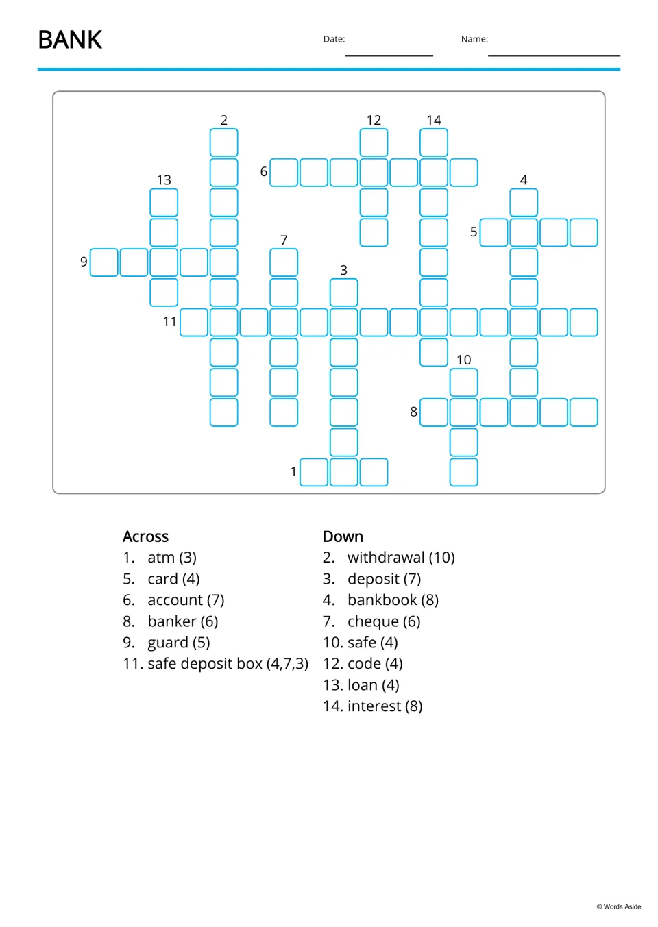 Bank crossword: students place 14 words like withdrawal and safe deposit box using Across and Down letter counts