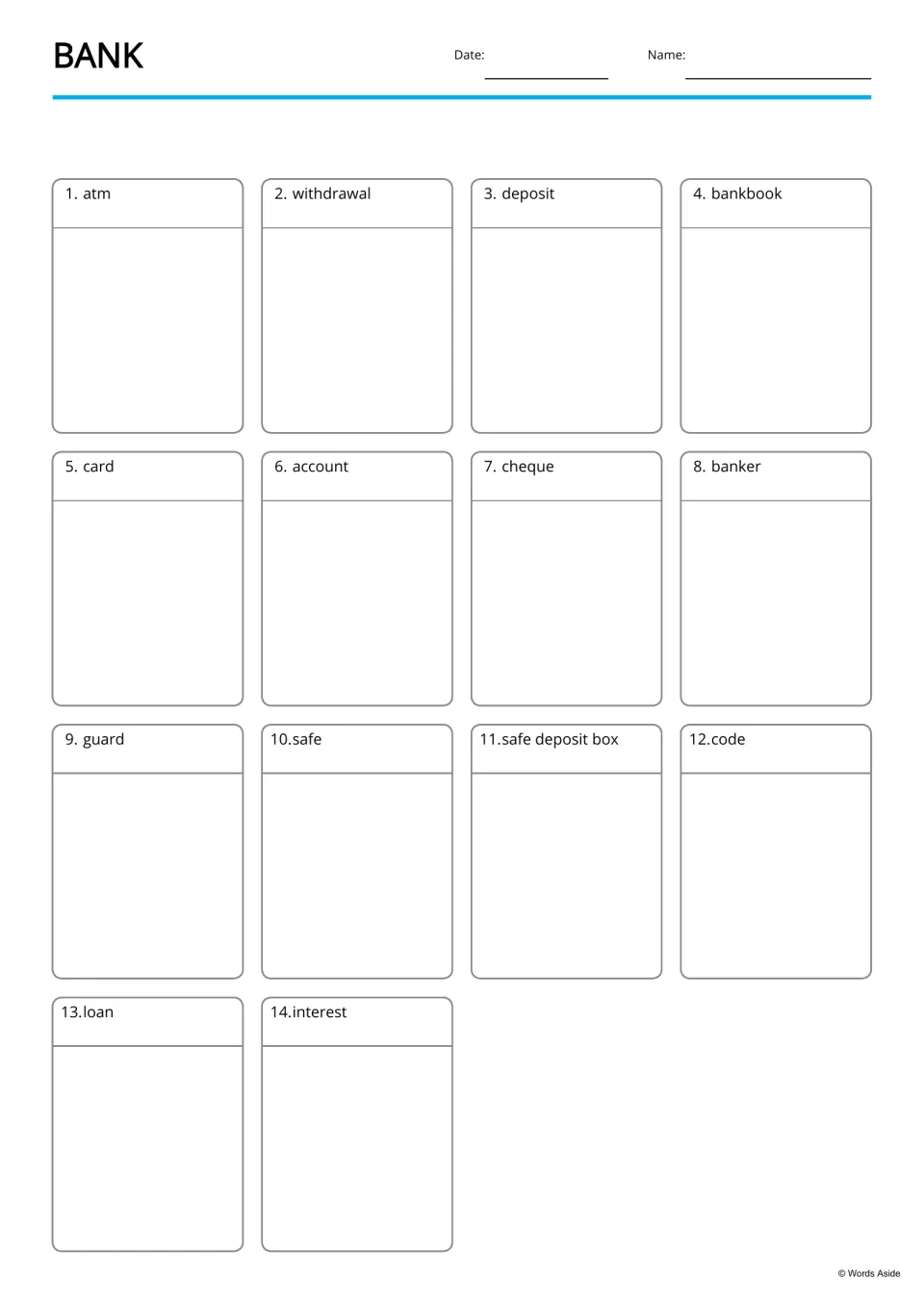 Bank vocabulary: 14 numbered terms from atm and withdrawal to loan and interest, each with blank space for student work
