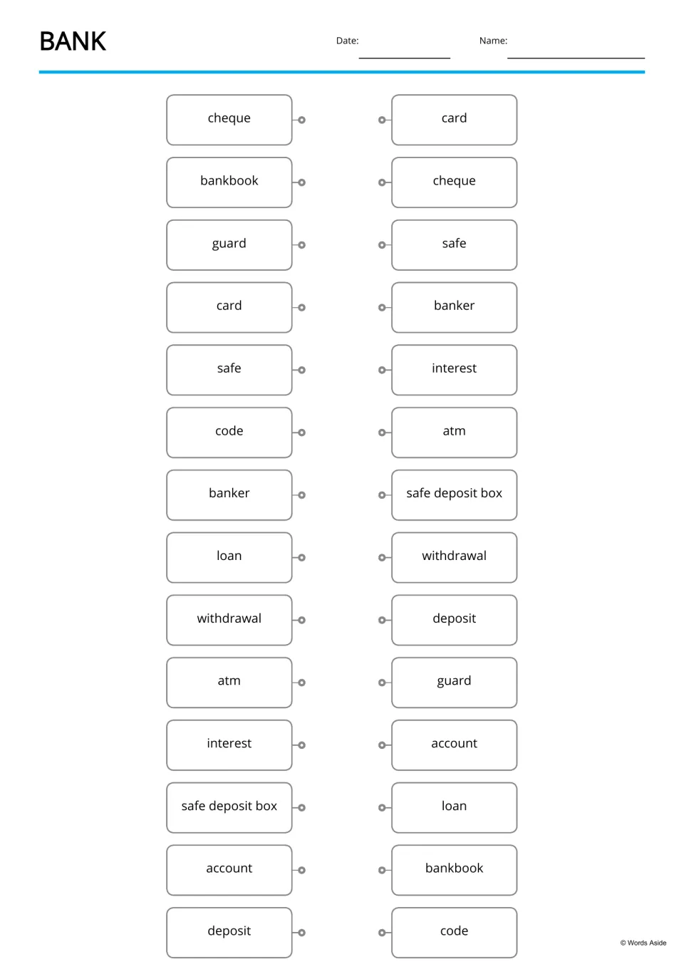 Bank word matching: students connect each term, such as cheque and guard, to the same word in a mixed-up list