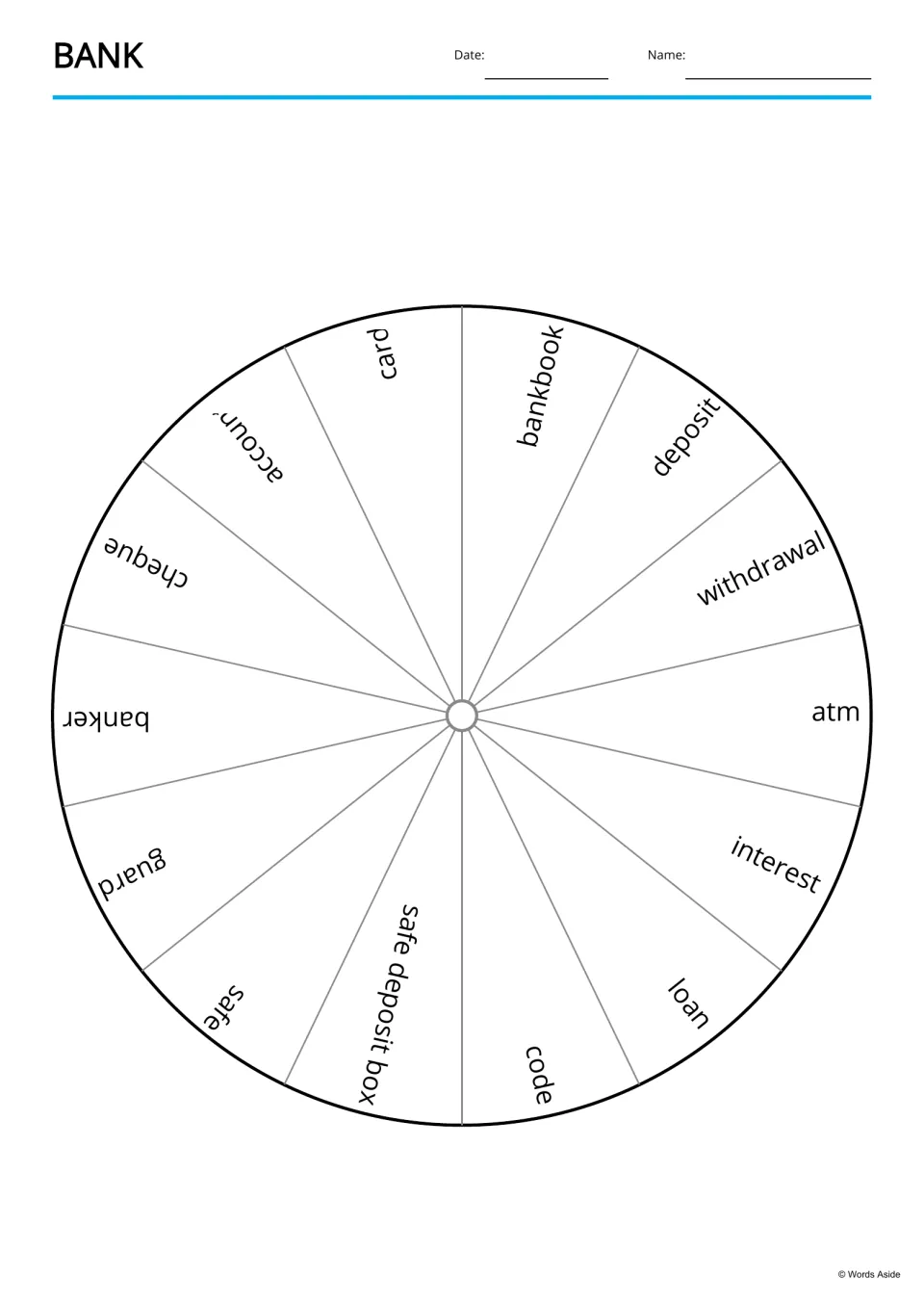 Bank vocabulary spinner wheel with 14 labeled sections: card, bankbook, deposit, atm, loan, safe and more