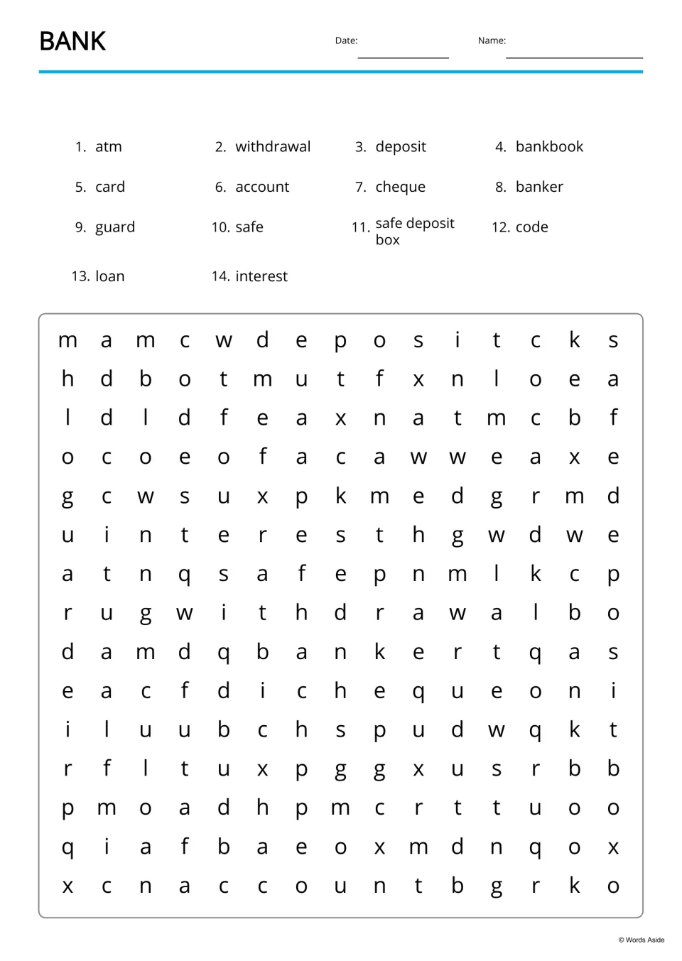 Bank word search: students find 14 words, including bankbook, cheque and safe deposit box, hidden in the letters