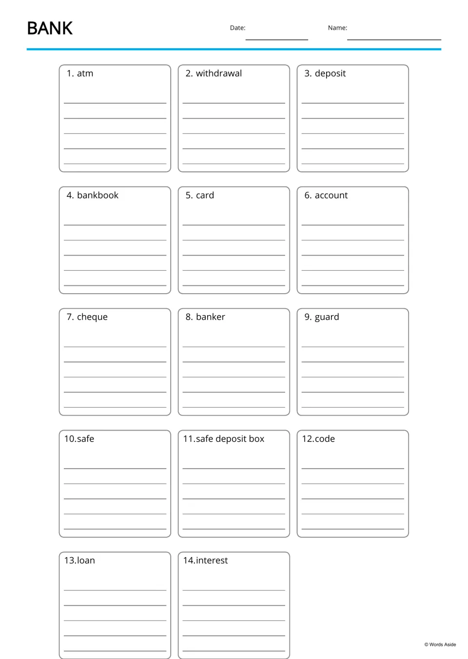 Bank vocabulary writing: each of 14 terms, from atm and deposit to loan and interest, has space for students to write