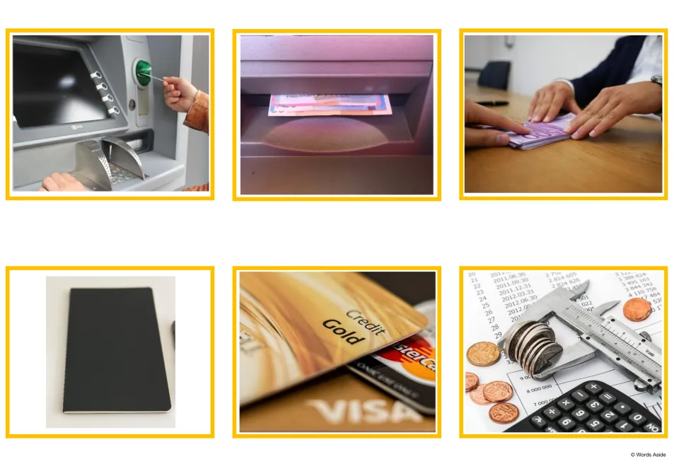 Bank picture cards: photos of a card at an ATM, cash in a slot, money handed over, a notebook, credit cards and coins