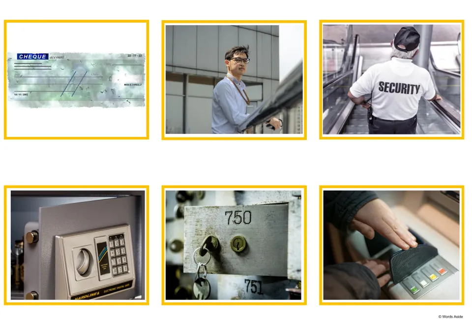 Bank picture cards showing a cheque, an office worker, a security guard, a keypad safe, deposit box 750 and a PIN pad