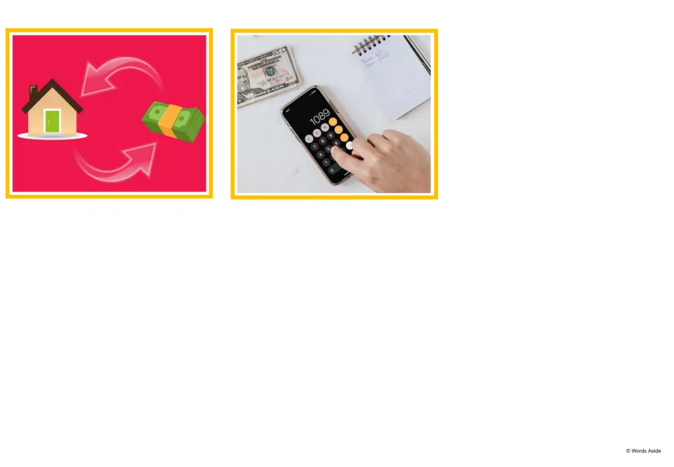 Two more bank picture cards: a house and cash with swap arrows, and a phone calculator beside dollar bills