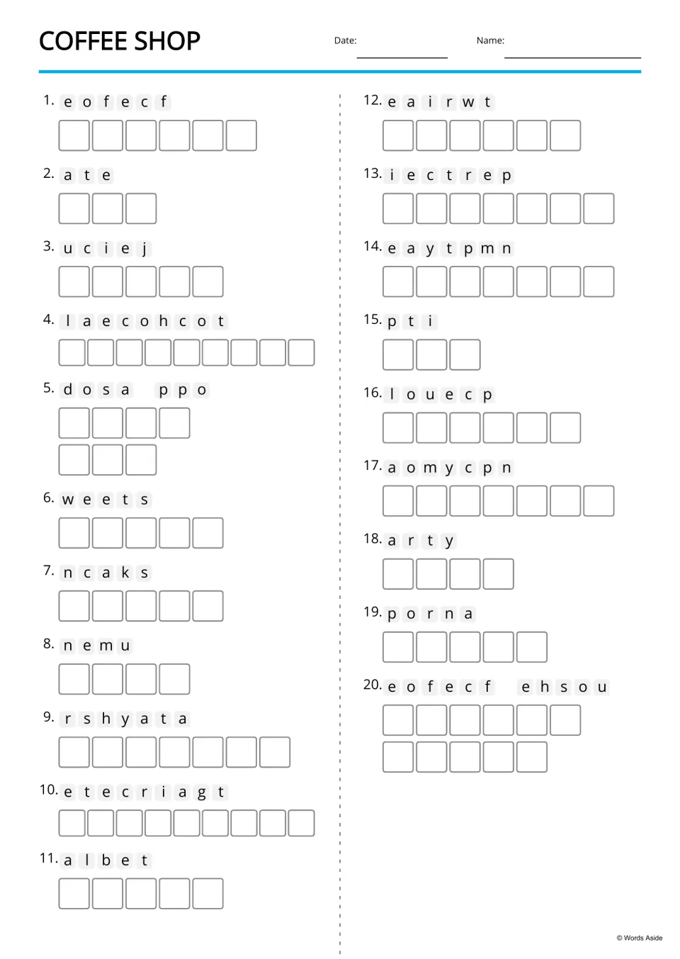Coffee shop anagrams: students unscramble 20 cafe words such as coffee, menu and receipt, writing one letter per box