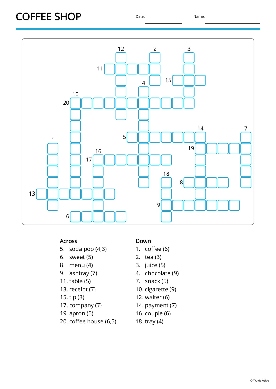 Coffee shop crossword: students fill in 20 cafe words like waiter, tray and payment using the Across and Down word clues