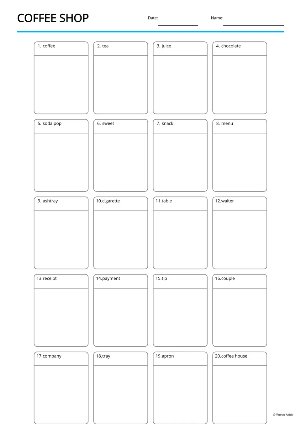 Coffee shop picture dictionary: students draw each of 20 labeled cafe words, from coffee and tea to apron and coffee house