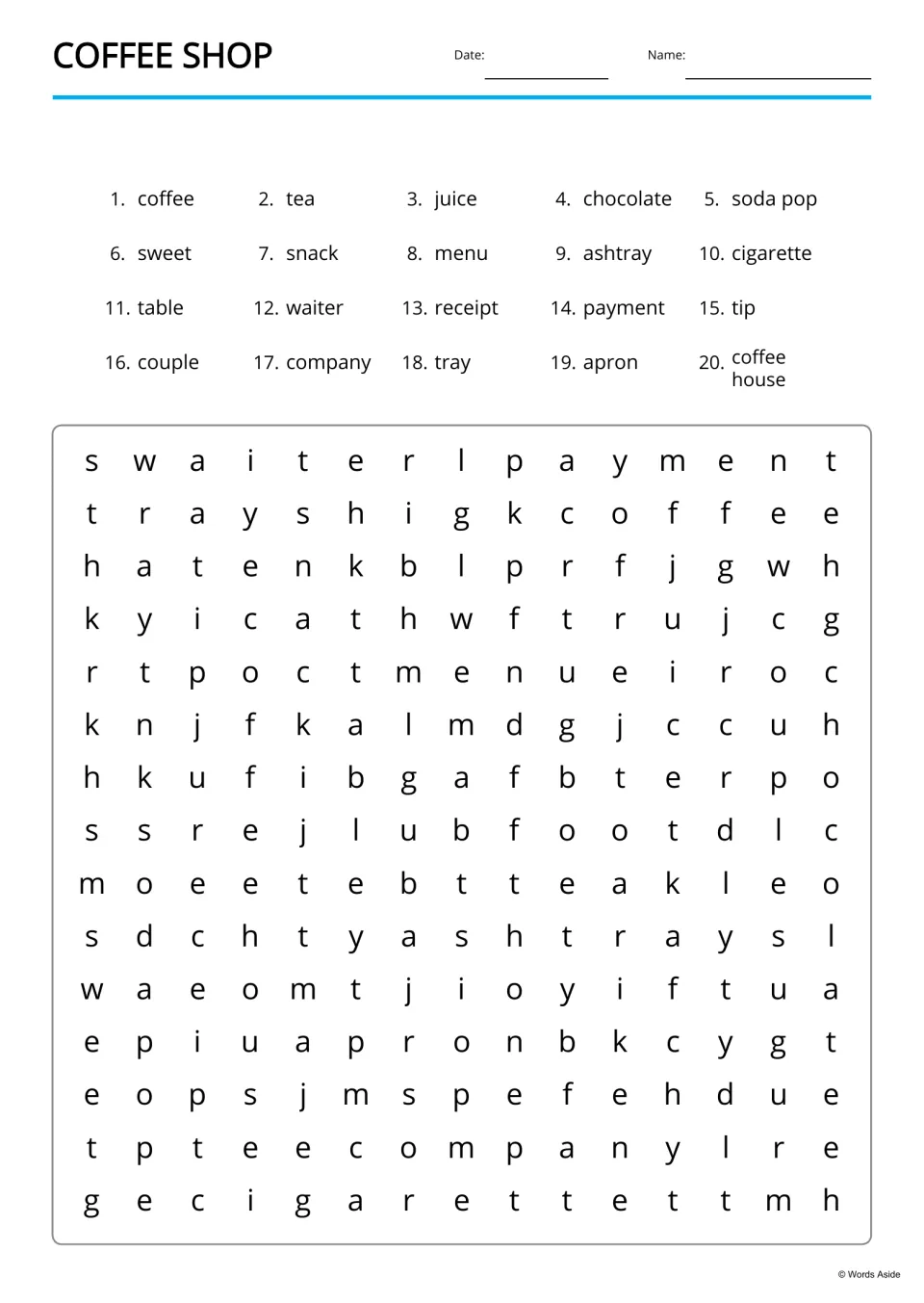 Coffee shop word search: students find 20 listed cafe words such as chocolate, cigarette and company in the letter puzzle