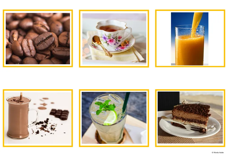 Cafe drink and treat photo cards: coffee beans, a cup of tea, orange juice, hot chocolate, a lime soda and a slice of cake