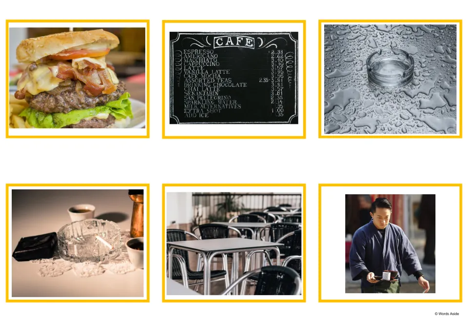 Cafe photo cards: a burger snack, a chalkboard CAFE menu, two glass ashtrays, empty cafe tables and a waiter holding a tray