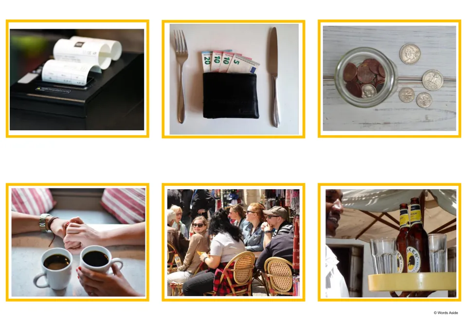 Cafe photo cards: a receipt, a wallet with cash, a tip jar, a couple with coffee, a group of friends and drinks on a tray