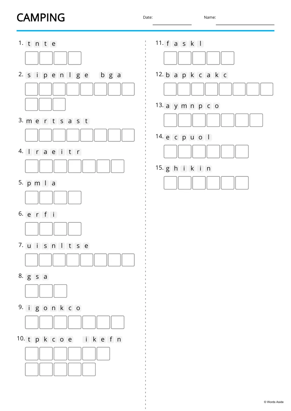 Camping anagrams: students unscramble 15 jumbled words such as tnte, pmla and ghikin, writing one letter per box