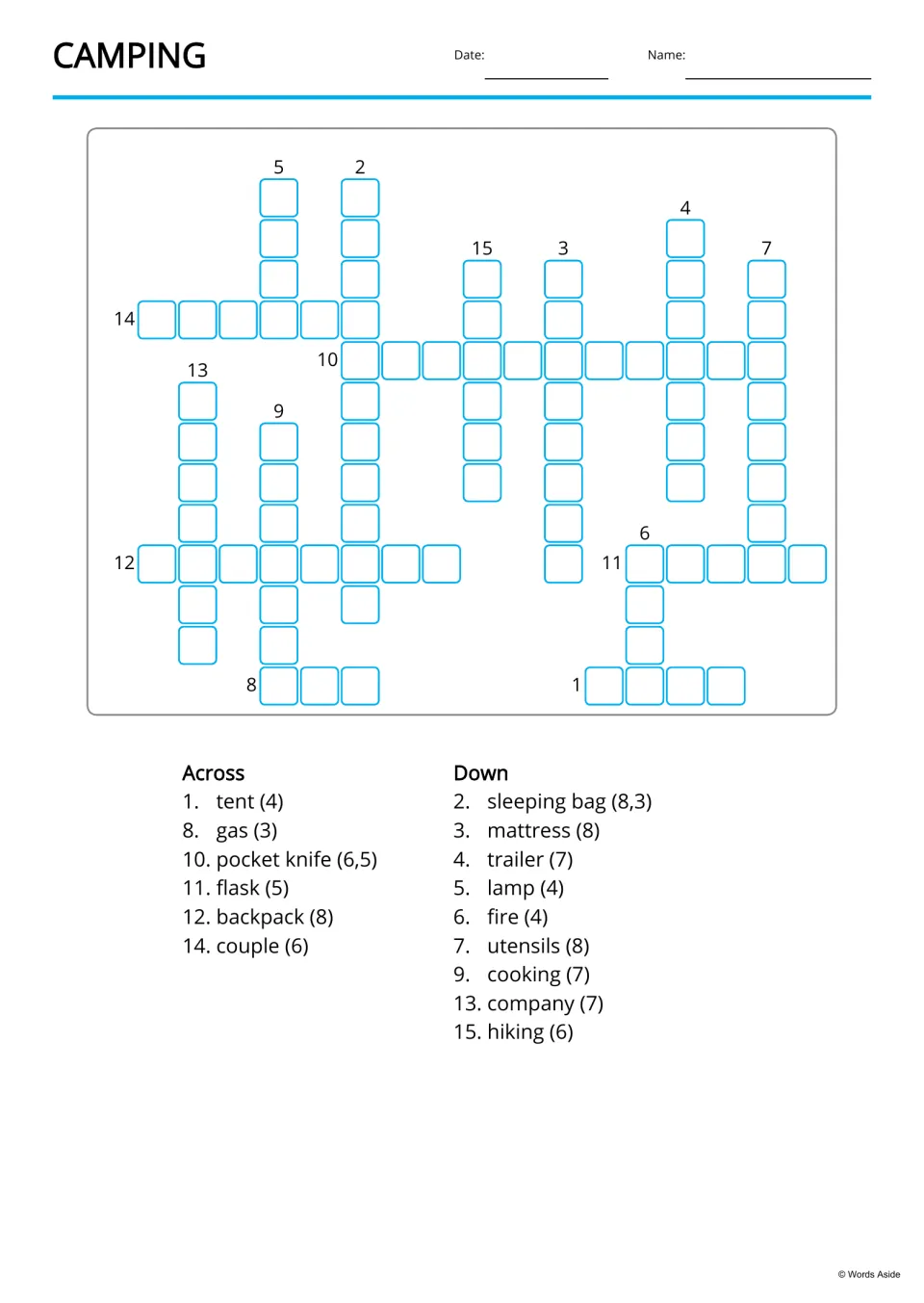 Camping crossword: students fill in 15 words like tent, sleeping bag and pocket knife from Across and Down word clues