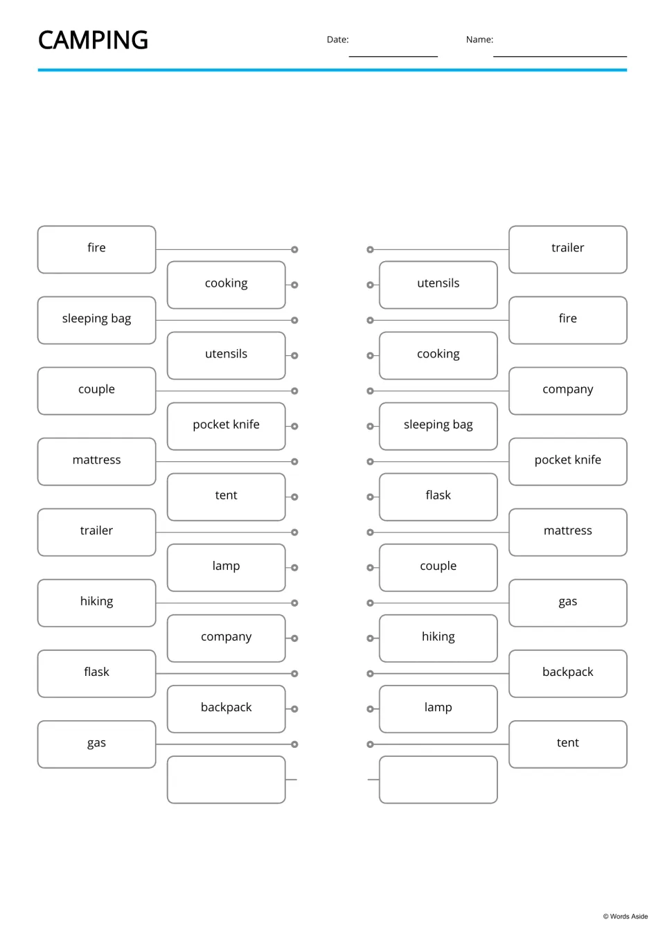 Camping word matching: students connect identical words such as fire, trailer and flask across two lists by drawing lines