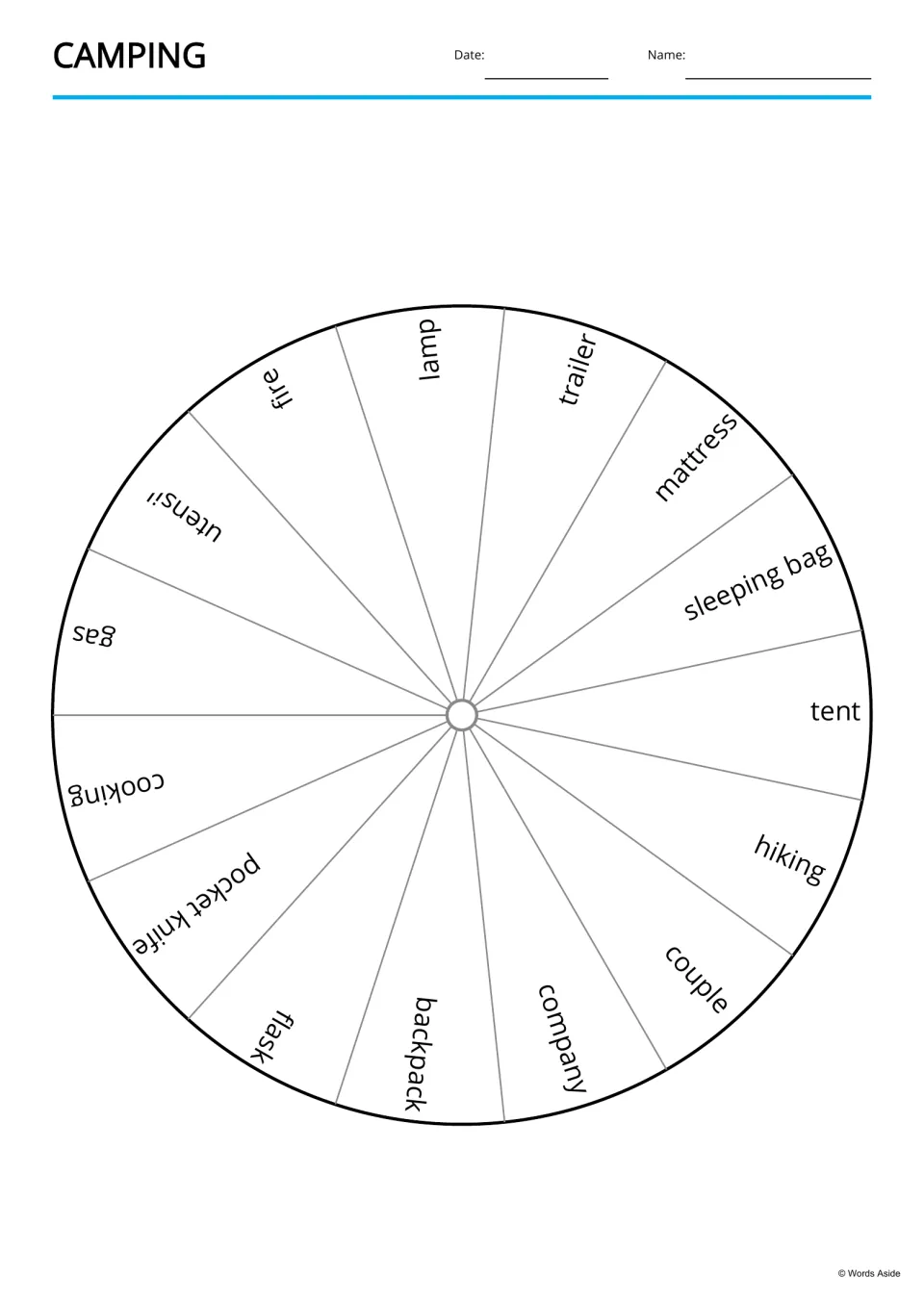 Camping word wheel divided into 15 slices labeled tent, lamp, fire, backpack, couple and more, for word game play