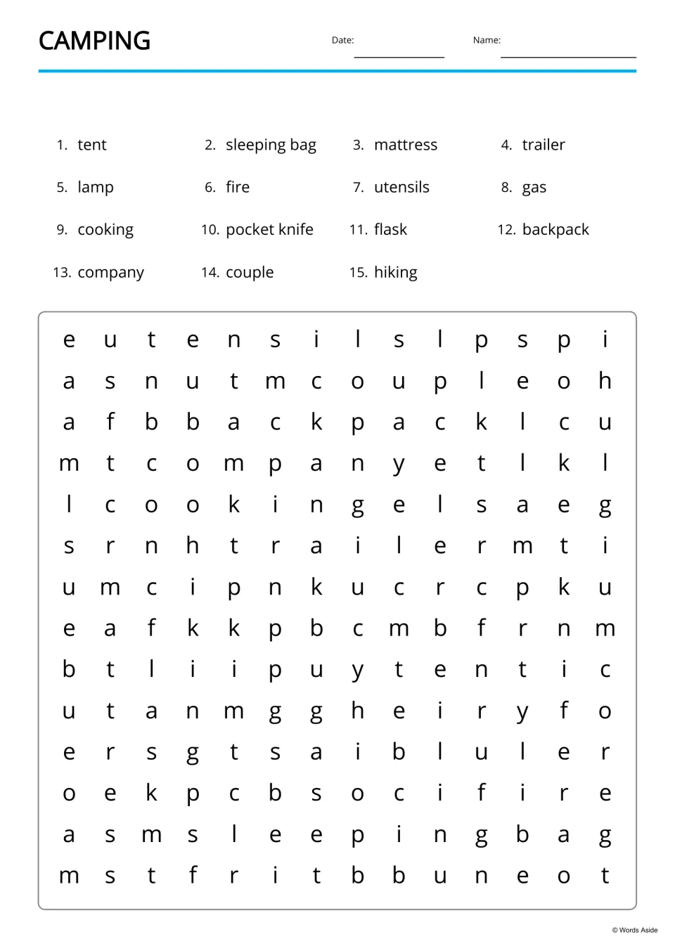 Camping word search: students find and circle 15 listed words, such as mattress, utensils and pocket knife