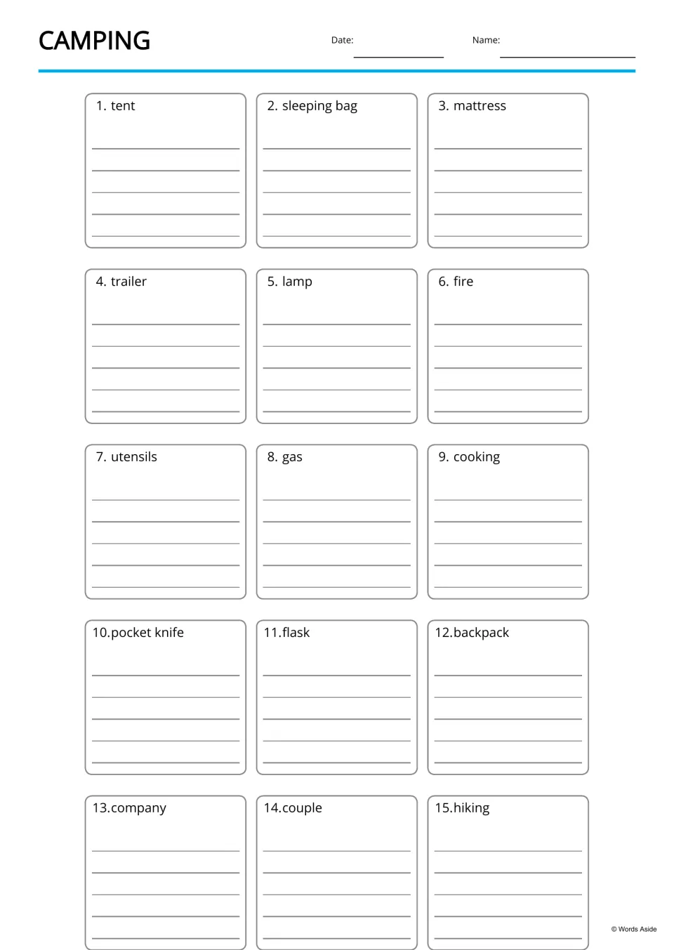 Camping writing page: students write about each of 15 words, from tent and trailer to company and couple