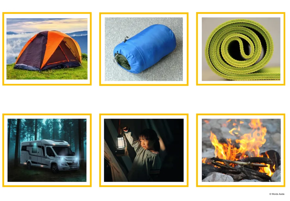 Camping picture cards showing a tent, sleeping bag, rolled mattress, camper trailer, child holding a lamp and campfire