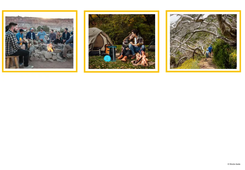 Camping picture cards showing friends around a campfire, a couple by a tent and fire, and people hiking on a forest trail