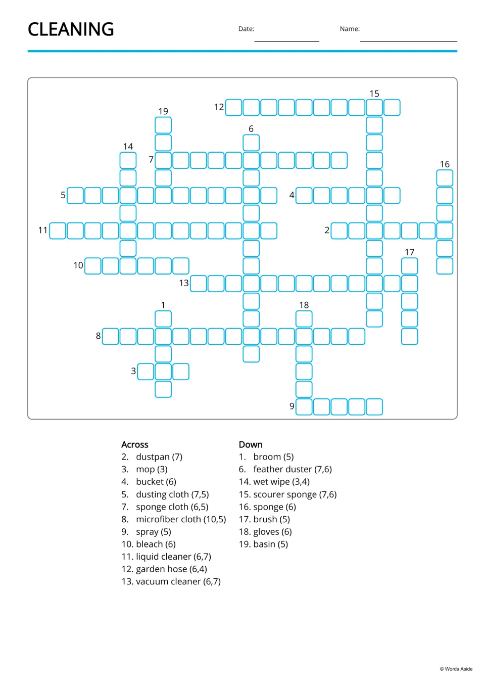 Cleaning crossword: students fill in 19 tools from Across and Down word clues with letter counts, like dustpan (7)