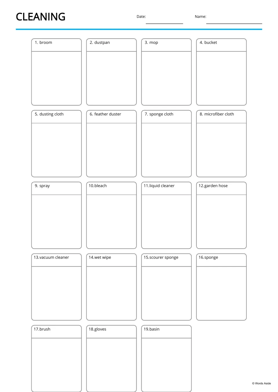 Cleaning tools drawing page: students draw a picture for each of 19 labeled items, from broom and mop to gloves and basin