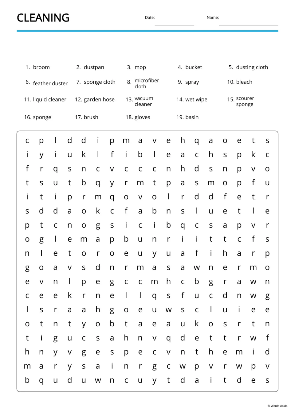 Cleaning word search: students find 19 listed tools, including feather duster and microfiber cloth, in a letter puzzle