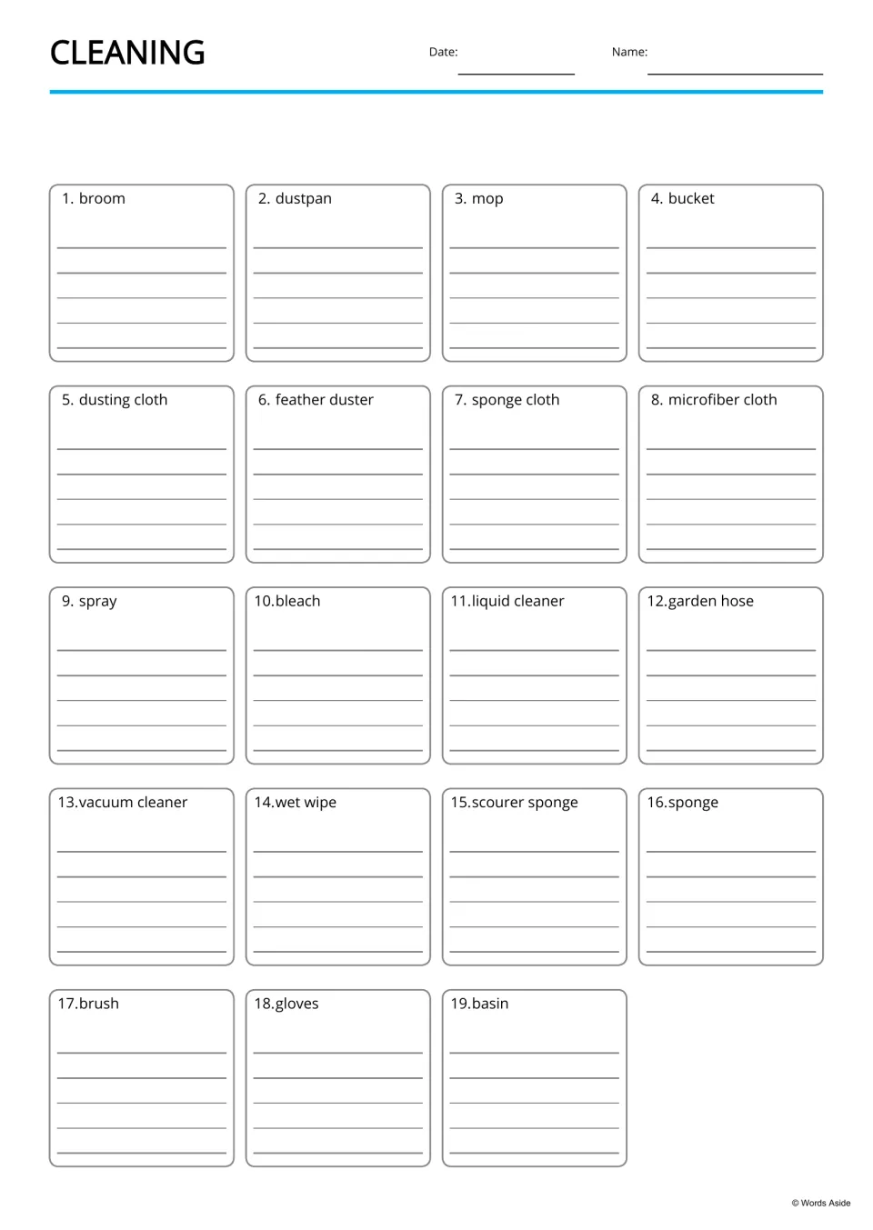 Cleaning vocabulary writing page: students write about each of 19 tools, from broom and dustpan to brush, gloves and basin