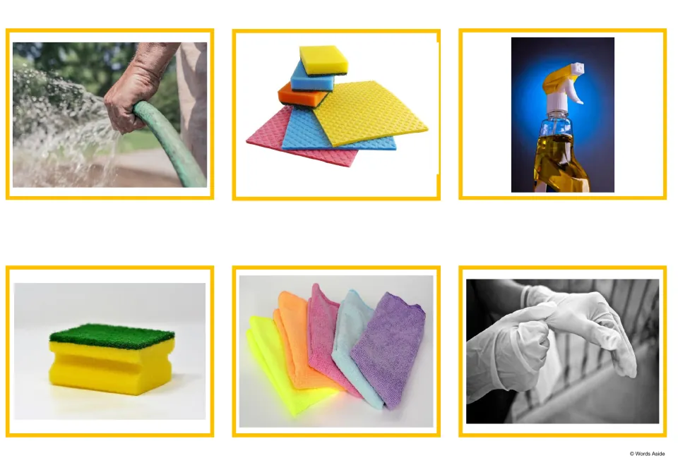 Cleaning photo cards: a garden hose, sponge cloths, a spray bottle, a scourer sponge, microfiber cloths, gloves