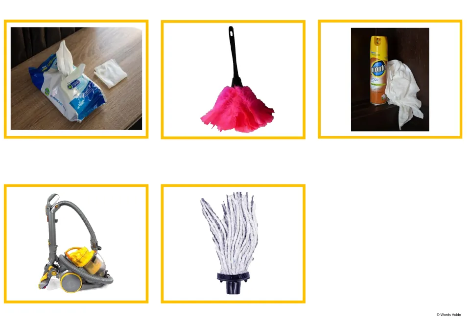 Cleaning photo cards: wet wipes, a pink feather duster, a spray can with a cloth, a vacuum cleaner and a mop head