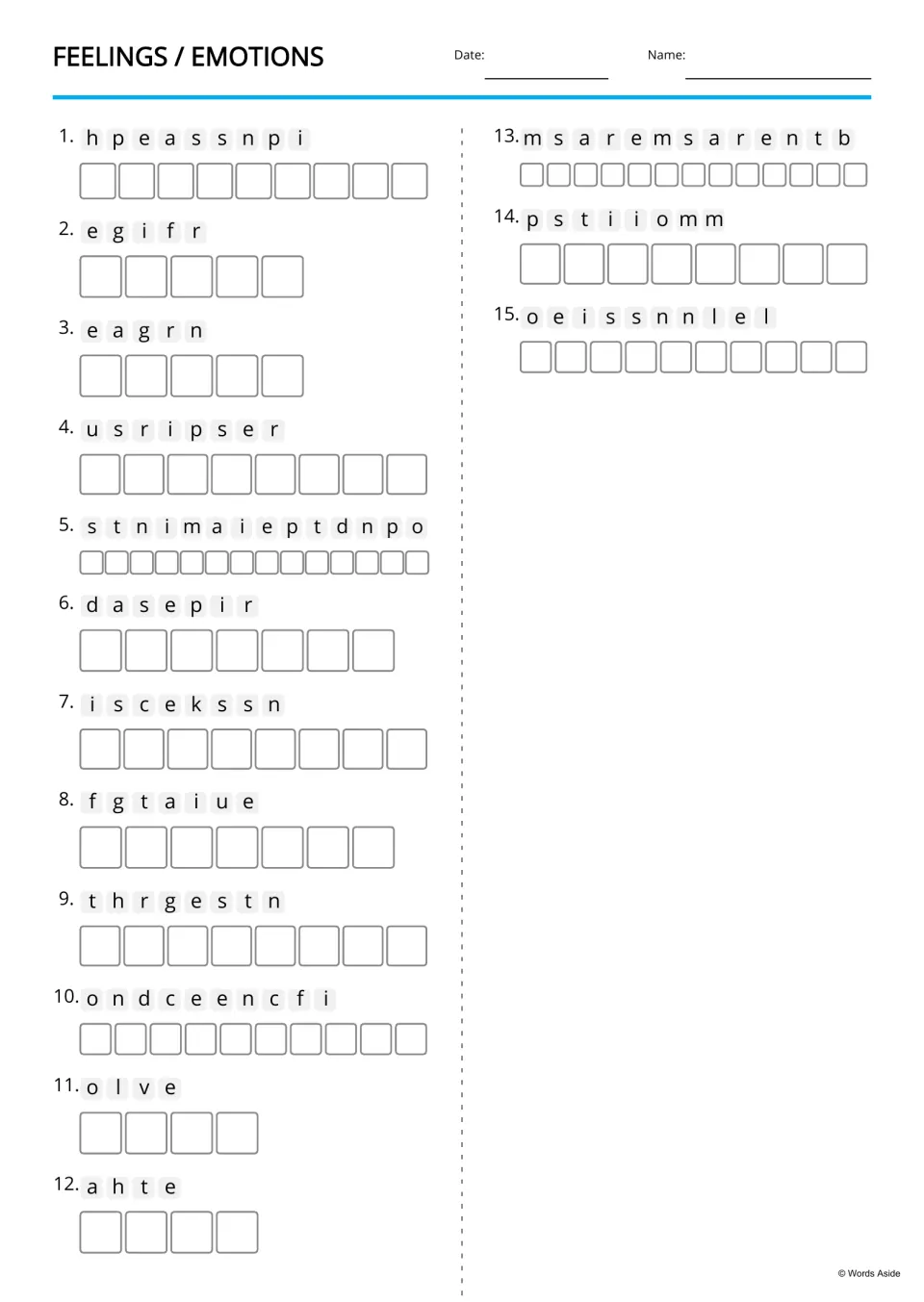 Feelings anagrams: students unscramble 15 jumbled emotion words such as grief, anger and despair