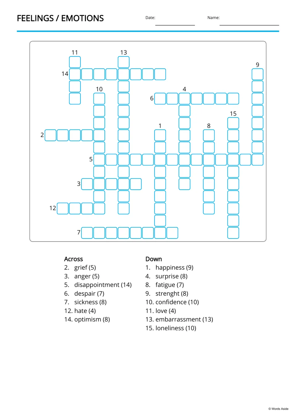 Feelings crossword: students fill in 15 emotion words, each clue giving the word and its letter count, such as grief (5)