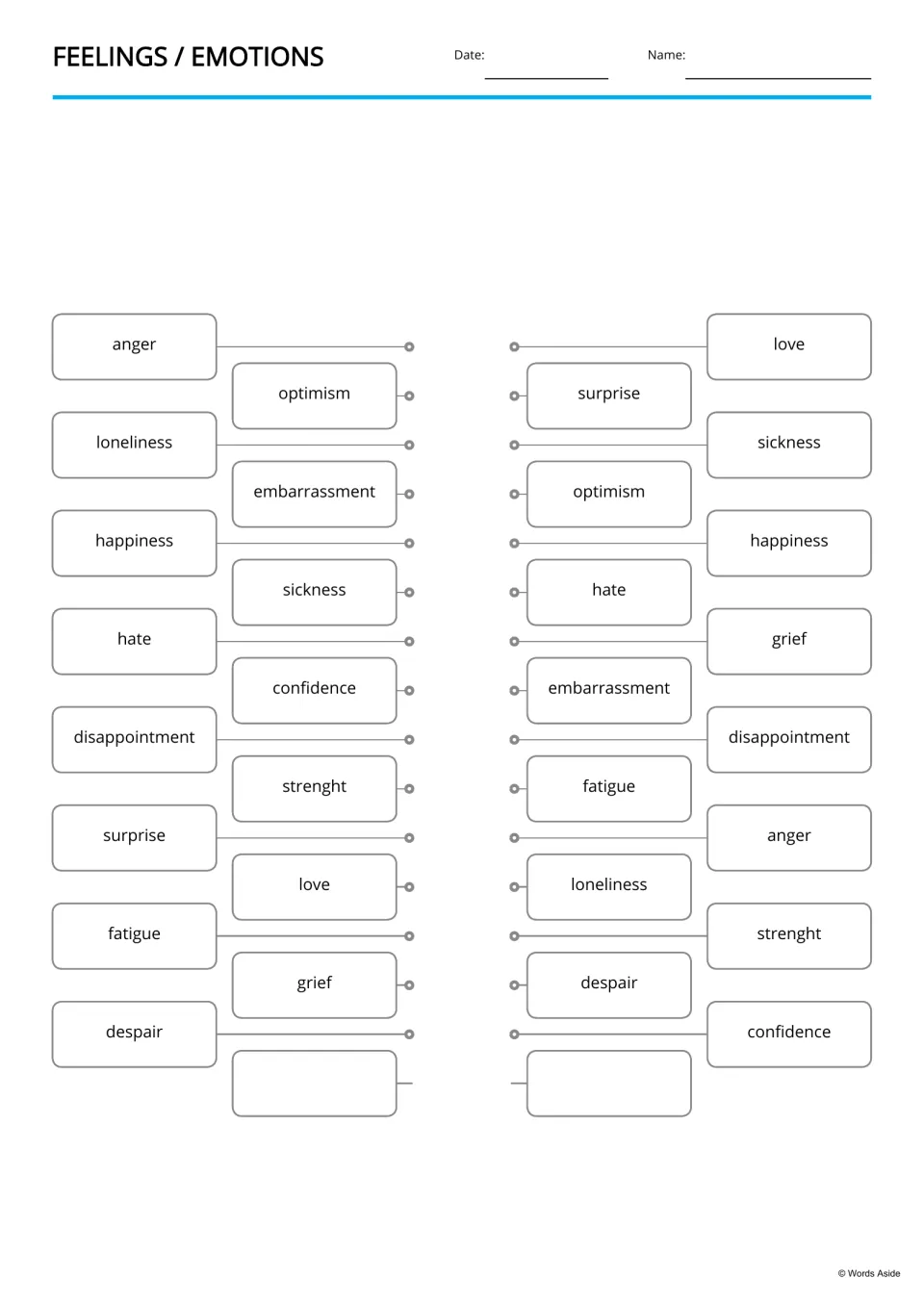 Emotion word matching: students draw lines to pair up feeling words such as anger, love, surprise and grief