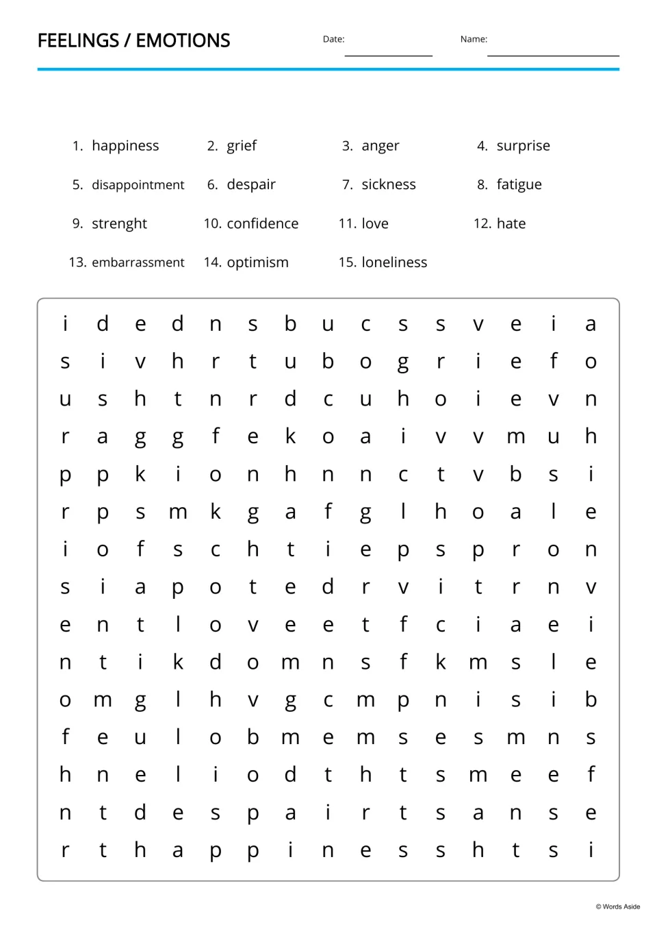 Feelings word search: students find 15 listed emotion words, including disappointment and confidence, in a letter puzzle