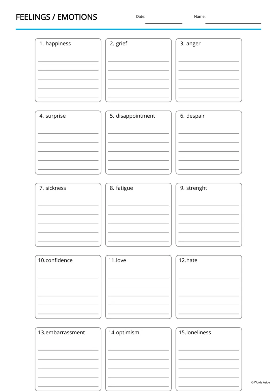 Emotion word writing practice: students write sentences using each of 15 feelings, from happiness to loneliness