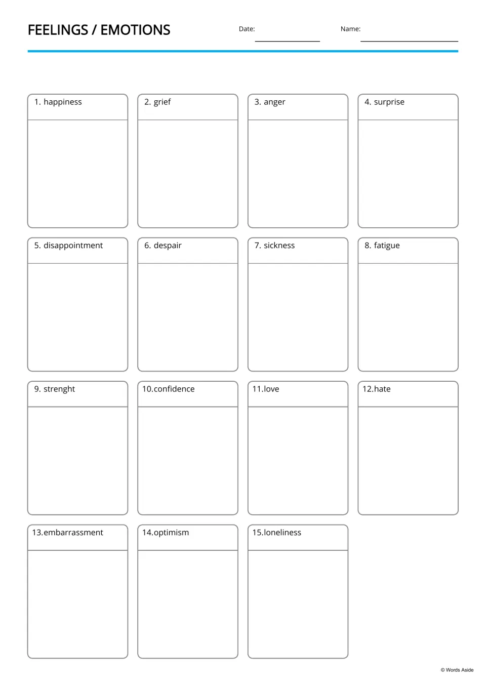 Draw the feeling: students illustrate each of 15 labeled emotions, from happiness and grief to optimism and loneliness