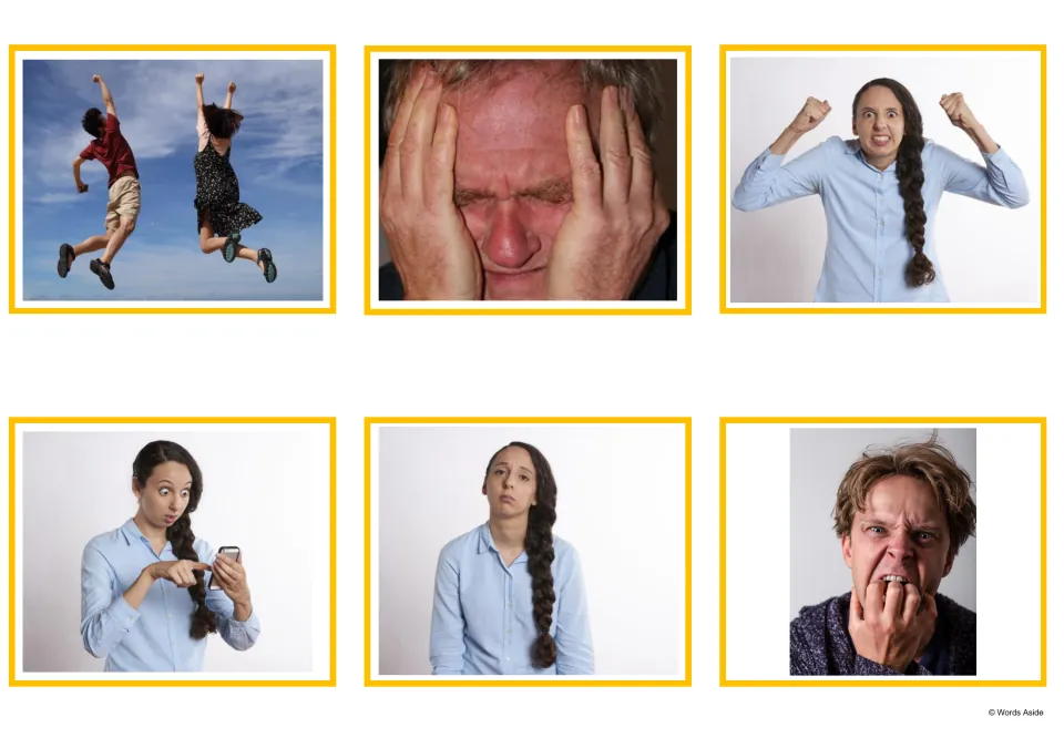 Emotion photo cards: two people jumping for joy, a head held in distress, fists clenched in anger and a surprised look