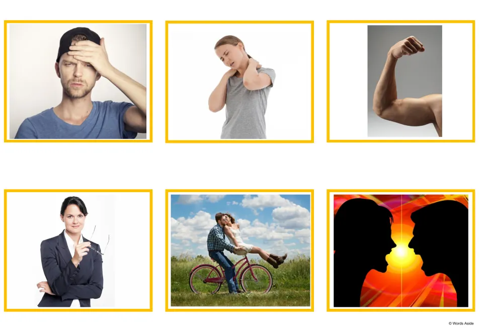 Emotion photo cards: a hand to a weary forehead, a sore neck, a flexed arm, a businessperson and a couple on a bike