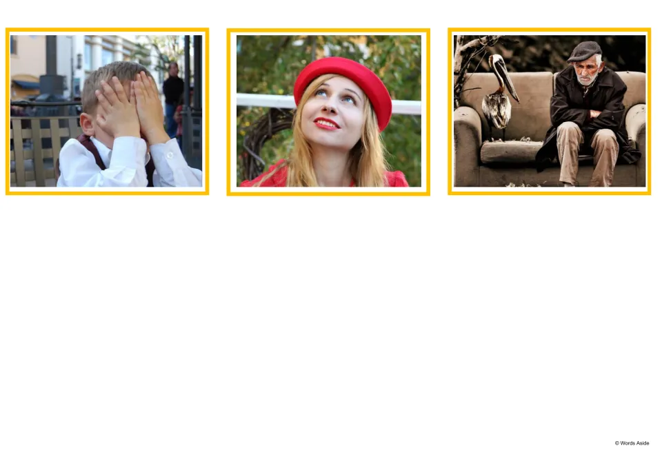 Emotion photo cards: a child hiding their face, a smiling person looking upward and an older person alone on a sofa