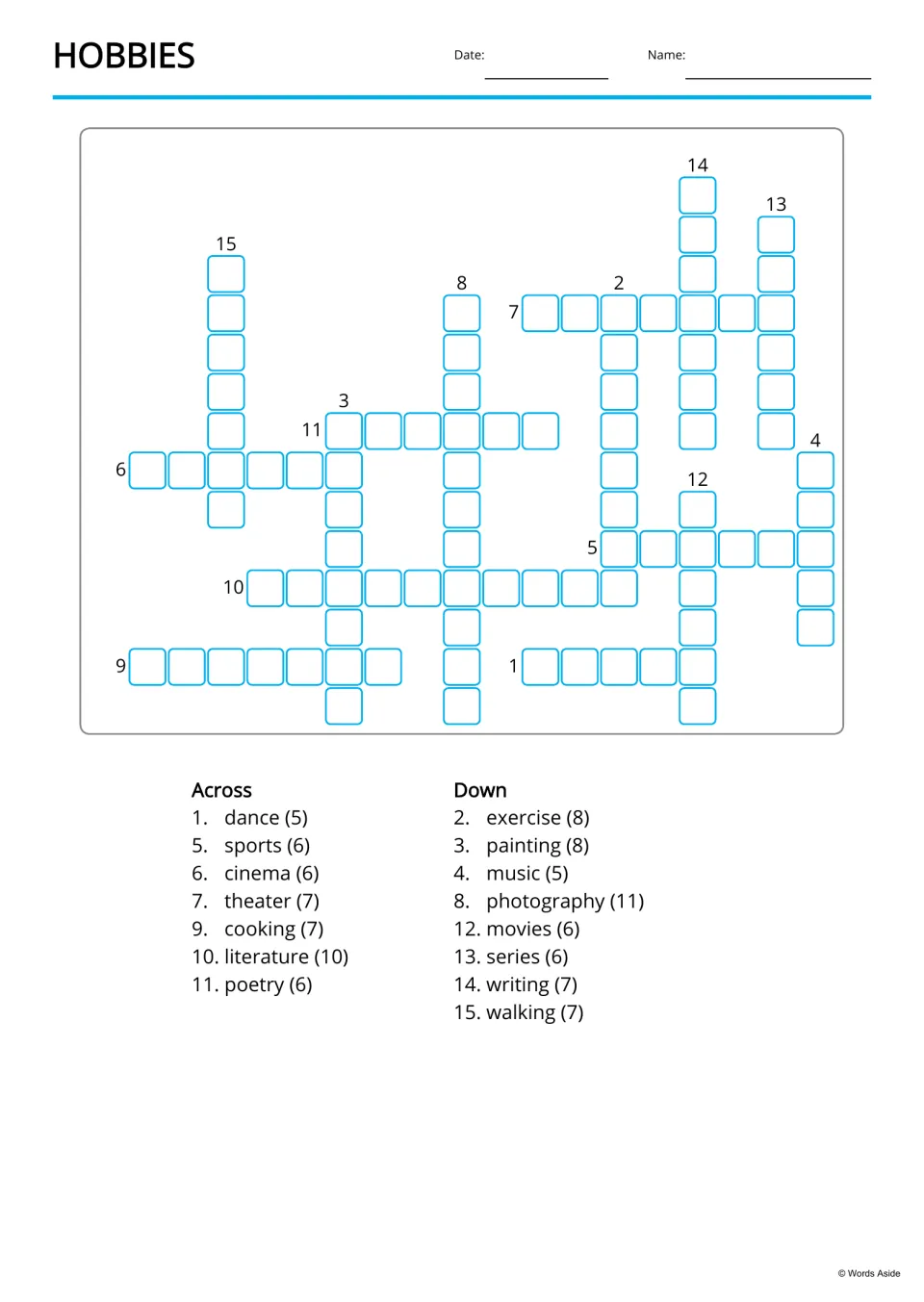 Hobbies crossword: students fill in 15 hobby words from Across and Down clues like dance (5) and photography (11)