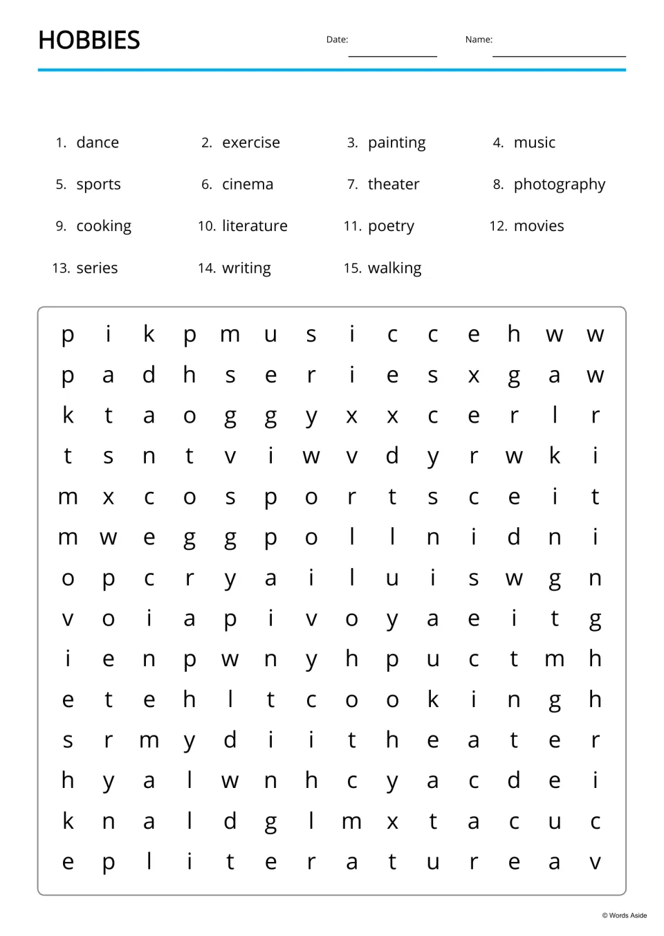 Hobbies word search: students find 15 words, including painting, theater, literature and walking, hidden in the puzzle