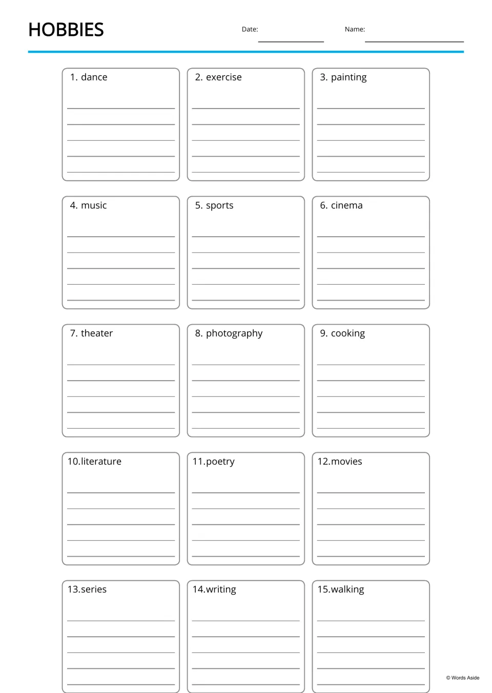 Hobbies writing page: students write under each of the 15 numbered hobby words, such as music, cooking, poetry and writing