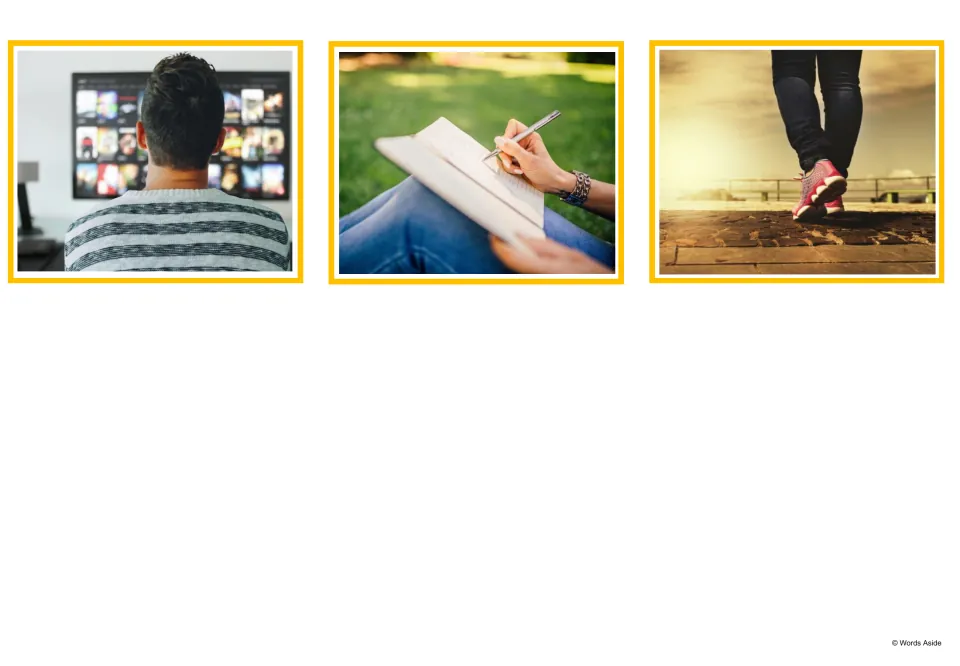 Hobby photo cards: a person watching streaming shows on TV, a hand writing in a notebook and feet in sneakers out walking