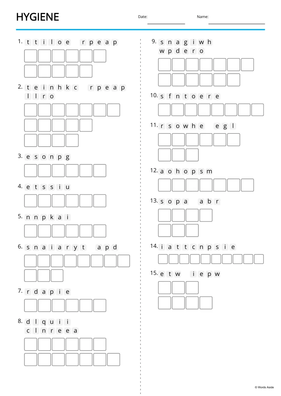 Hygiene anagrams: students unscramble 15 words like sponge, tissue and shampoo, writing each letter in its answer space