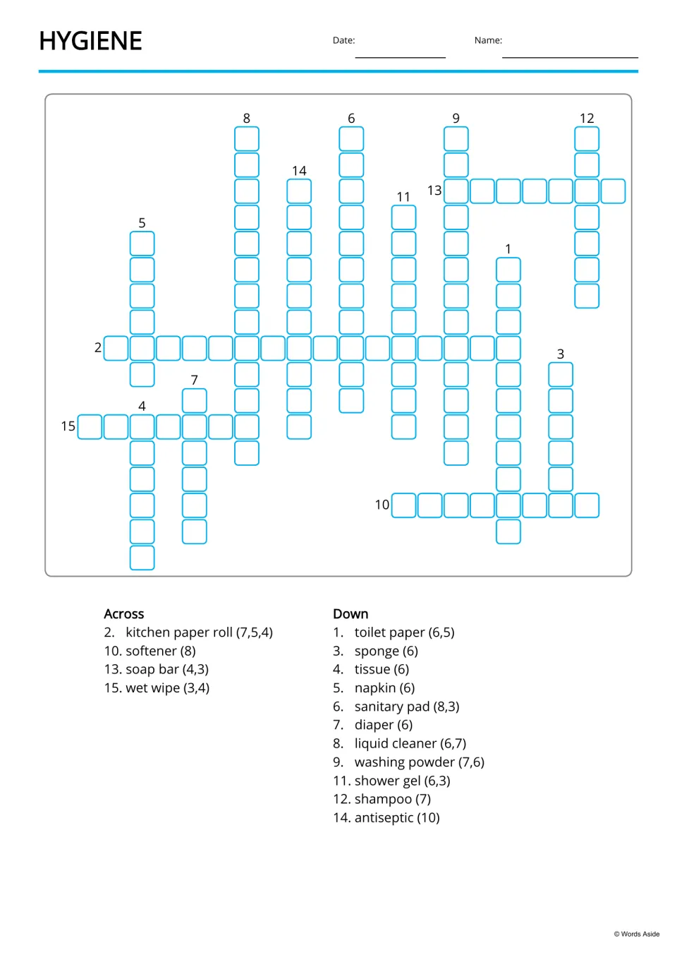 Hygiene crossword: students fill in 15 product names from Across and Down clues such as soap bar (4,3) and diaper (6)