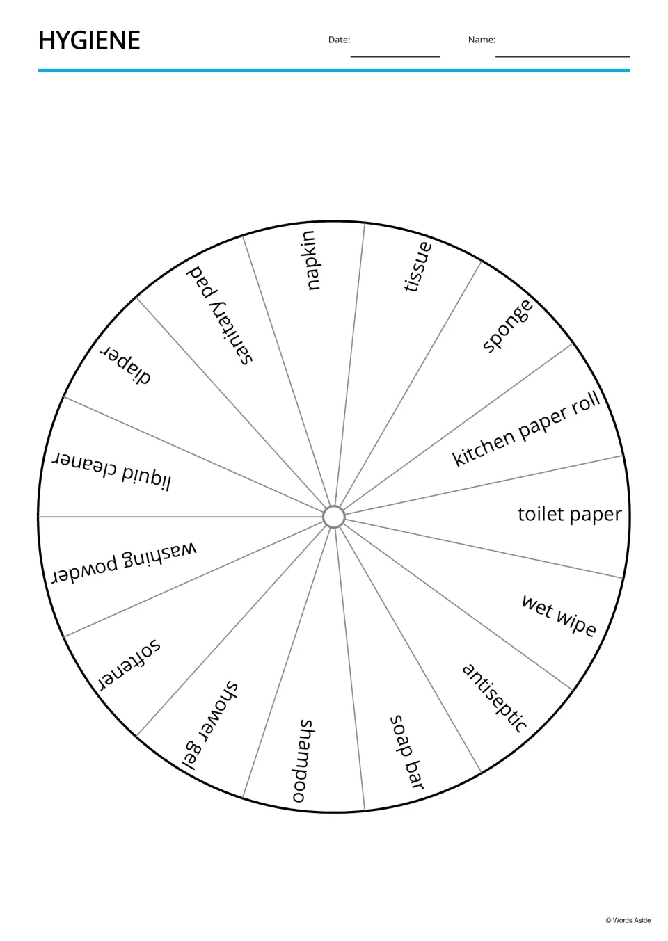 Hygiene word wheel naming all 15 products, among them toilet paper, sponge, wet wipe, antiseptic and kitchen paper roll