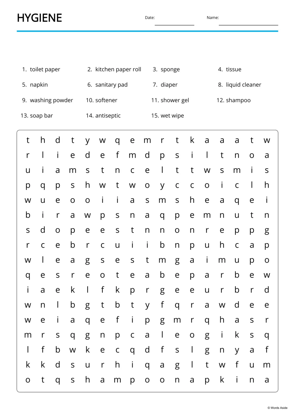 Hygiene word search: students find 15 listed products, from toilet paper and kitchen paper roll to shampoo and wet wipe