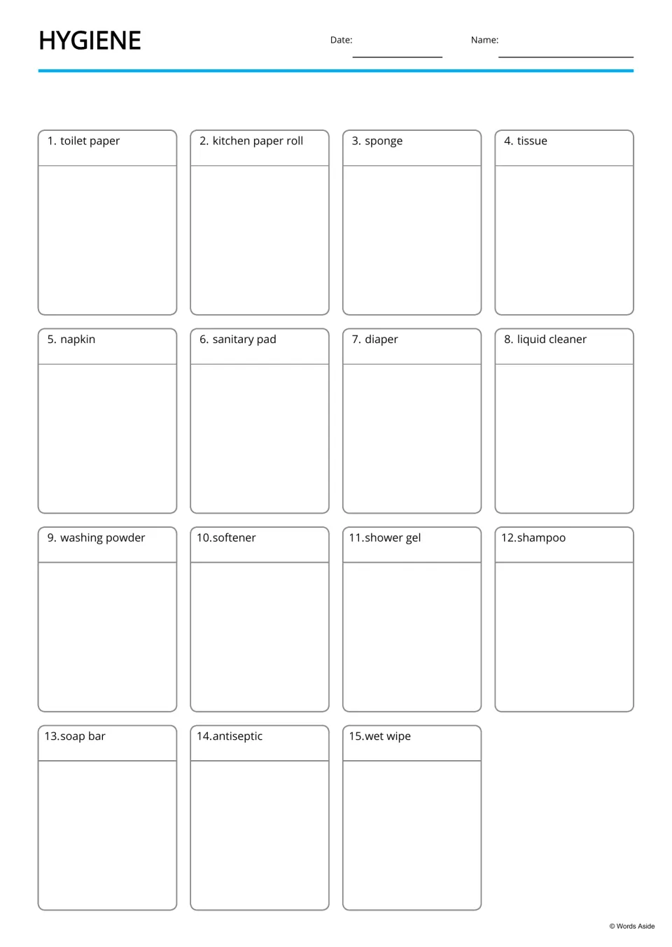 Hygiene vocabulary panels: 15 labeled spaces, toilet paper through wet wipe, left blank for a drawing of each product